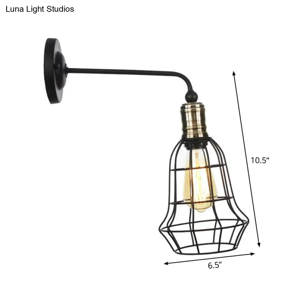 Rustic 1-Light Iron Wall Lamp Fixture In Black For Dining Room - Bell/Sphere Cage/Flared Light