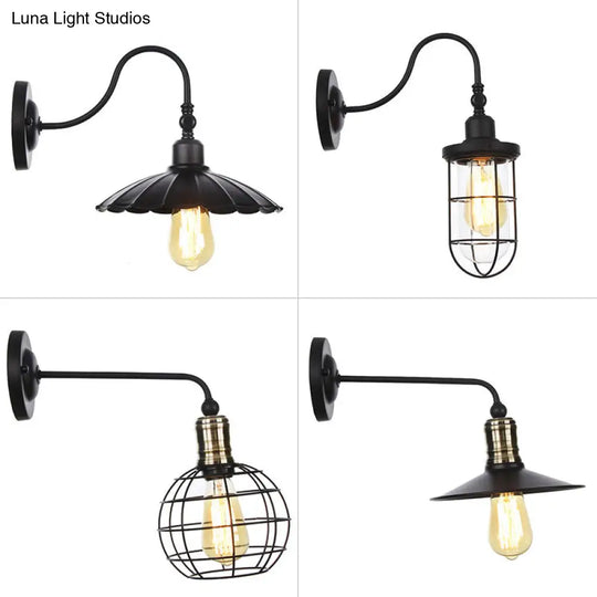 Rustic 1-Light Iron Wall Lamp Fixture In Black For Dining Room - Bell/Sphere Cage/Flared Light