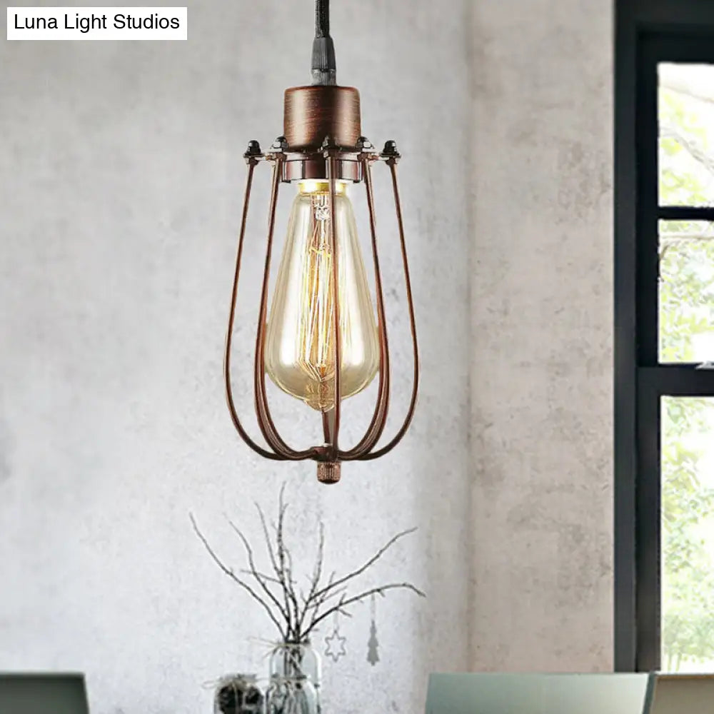 Rustic Iron Pendant Ceiling Light With Copper Finish - Farmhouse Bulb Shape & Wire Frame