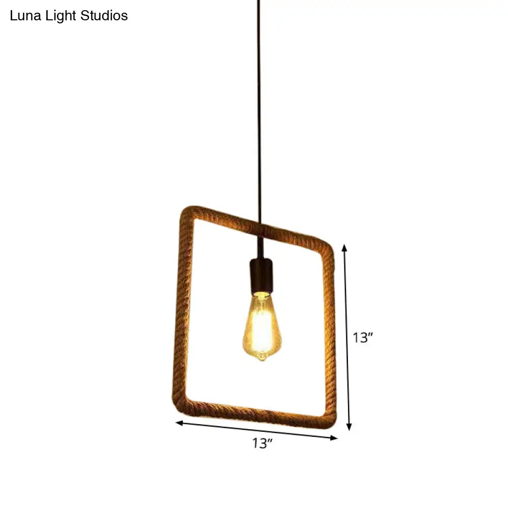 Rustic 1-Light Pendant Lamp With Rope Frame Brown