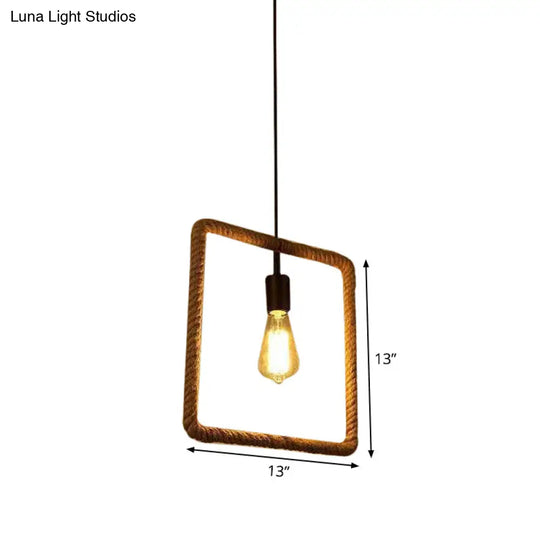 Rustic 1-Light Pendant Lamp With Rope Frame Brown