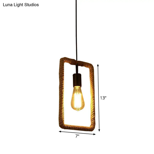 Rustic 1-Light Pendant Lamp With Rope Frame Brown