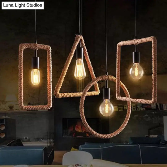 Rustic 1-Light Pendant Lamp With Rope Frame Brown / Triangle