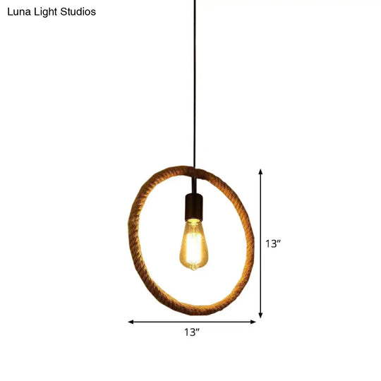 Rustic 1-Light Pendant Lamp With Rope Frame Brown