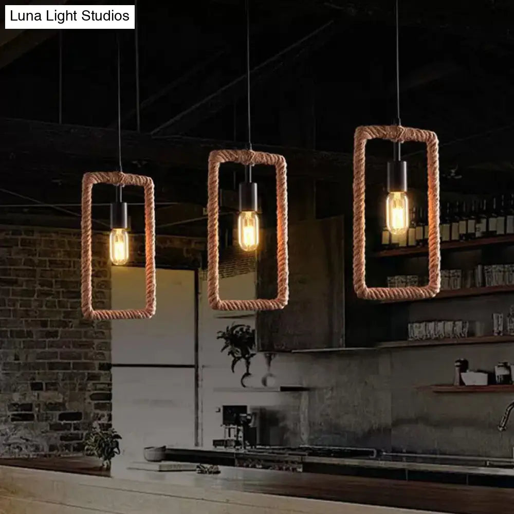 Rustic 1-Light Pendant Lamp With Rope Frame Brown / Rectangle