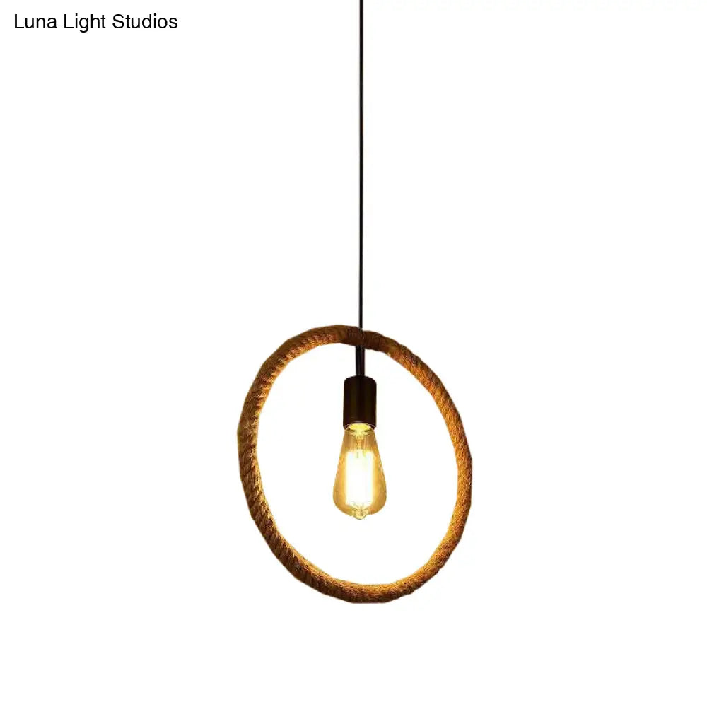 Rustic 1-Light Pendant Lamp With Brown Rope Frame For Living Rooms