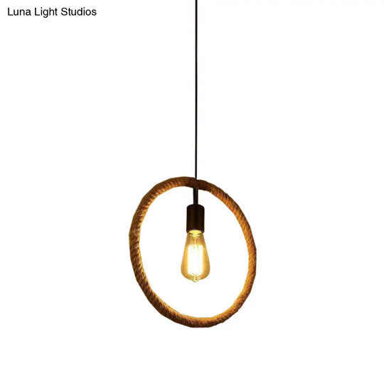 Rustic 1-Light Pendant Lamp With Brown Rope Frame For Living Rooms