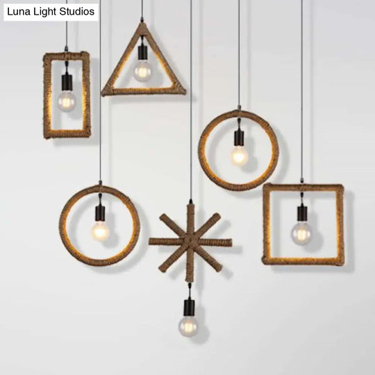 Rustic 1-Light Pendant Lamp With Rope Frame Brown / Square