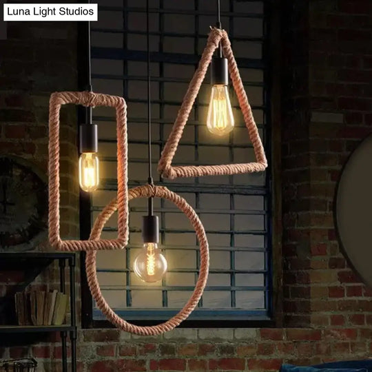 Rustic 1-Light Pendant Lamp With Rope Frame Brown / Round