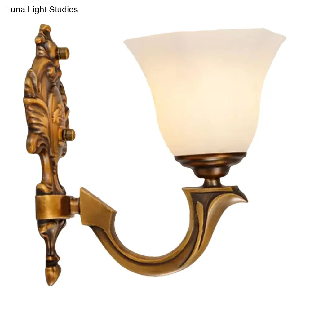 Rustic 1-Light Sconce Wall Lamp With Frosted Glass Shade In Brass For Bedroom