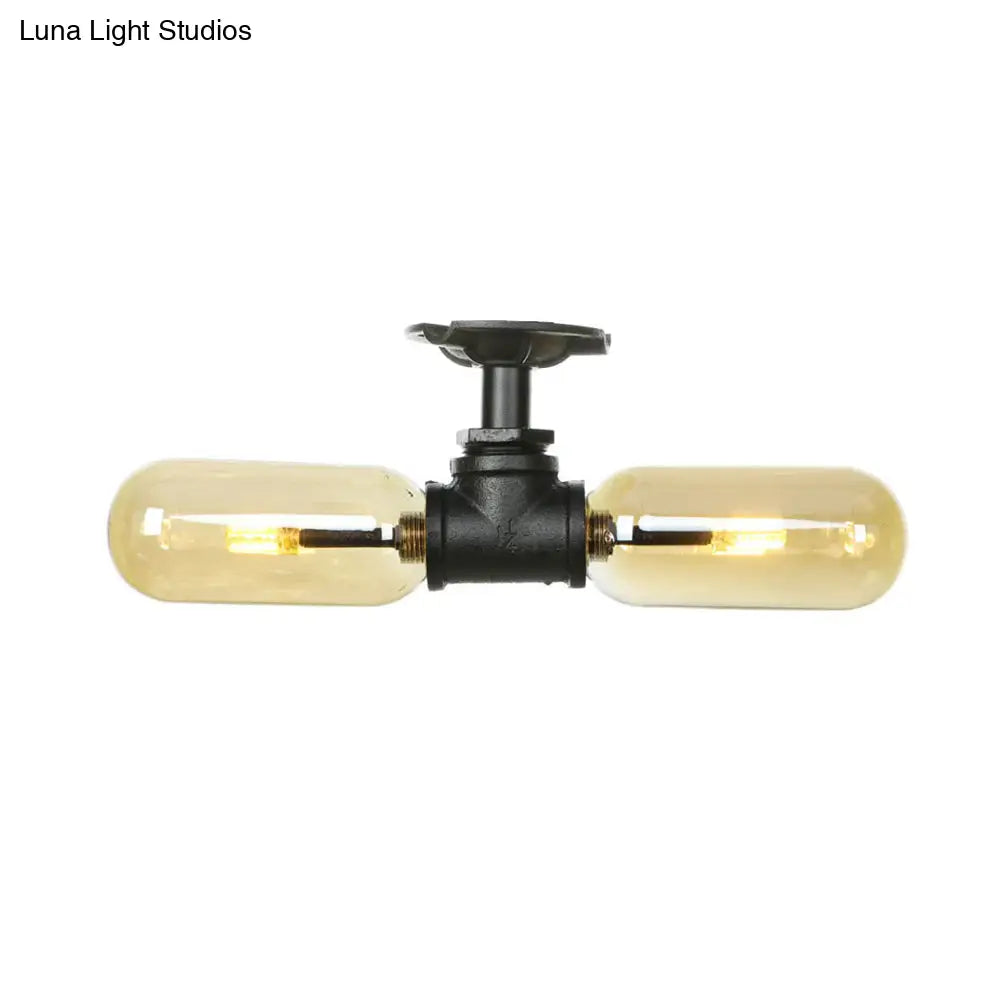 Rustic 2 - Bulb Amber Glass Semi Mount Ceiling Light In Matte Black - Dining Room Lighting With