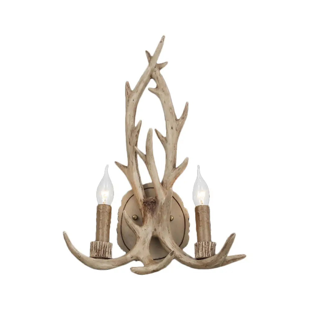 Rustic 2-Head Antler Wall Light Fixture - Coffee/Brown/Grey Resin Mounted Lamp With Naked Bulb