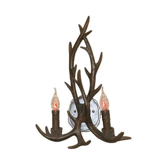 Rustic 2-Head Antler Wall Light Fixture - Coffee/Brown/Grey Resin Mounted Lamp With Naked Bulb