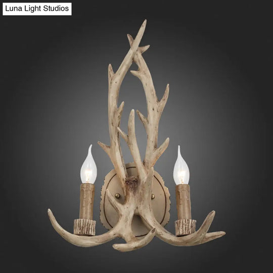 Rustic 2-Head Antler Wall Light Fixture - Coffee/Brown/Grey Resin Mounted Lamp With Naked Bulb