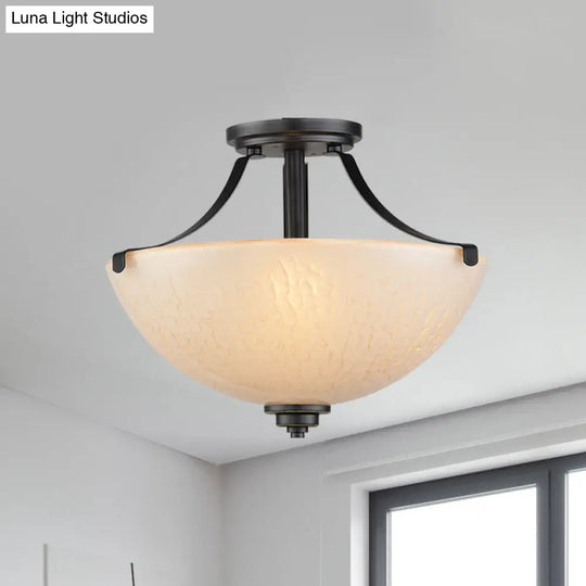 Rustic 2-Head Frosted Glass Ceiling Light For Kitchen - Rural Dome Semi-Flush Mount In Black