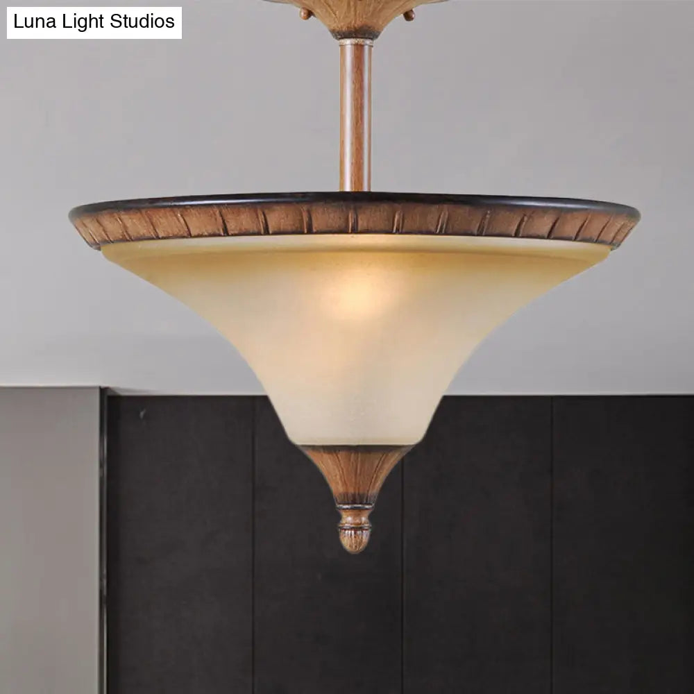 Rustic 2-Head Semi Flush Wood Ceiling Lamp With Tan Glass - Farmhouse Cone Lighting Fixture
