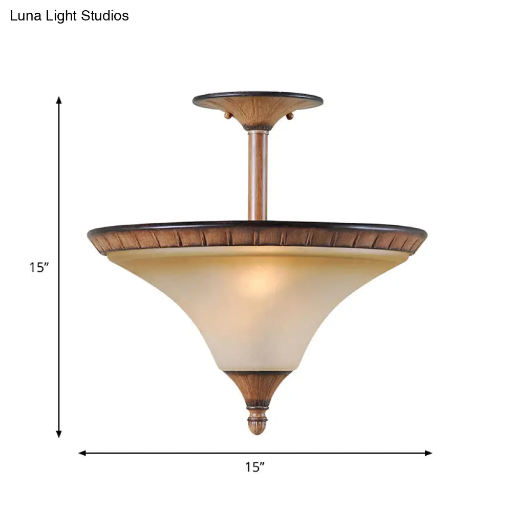 Rustic 2-Head Semi Flush Wood Ceiling Lamp With Tan Glass - Farmhouse Cone Lighting Fixture