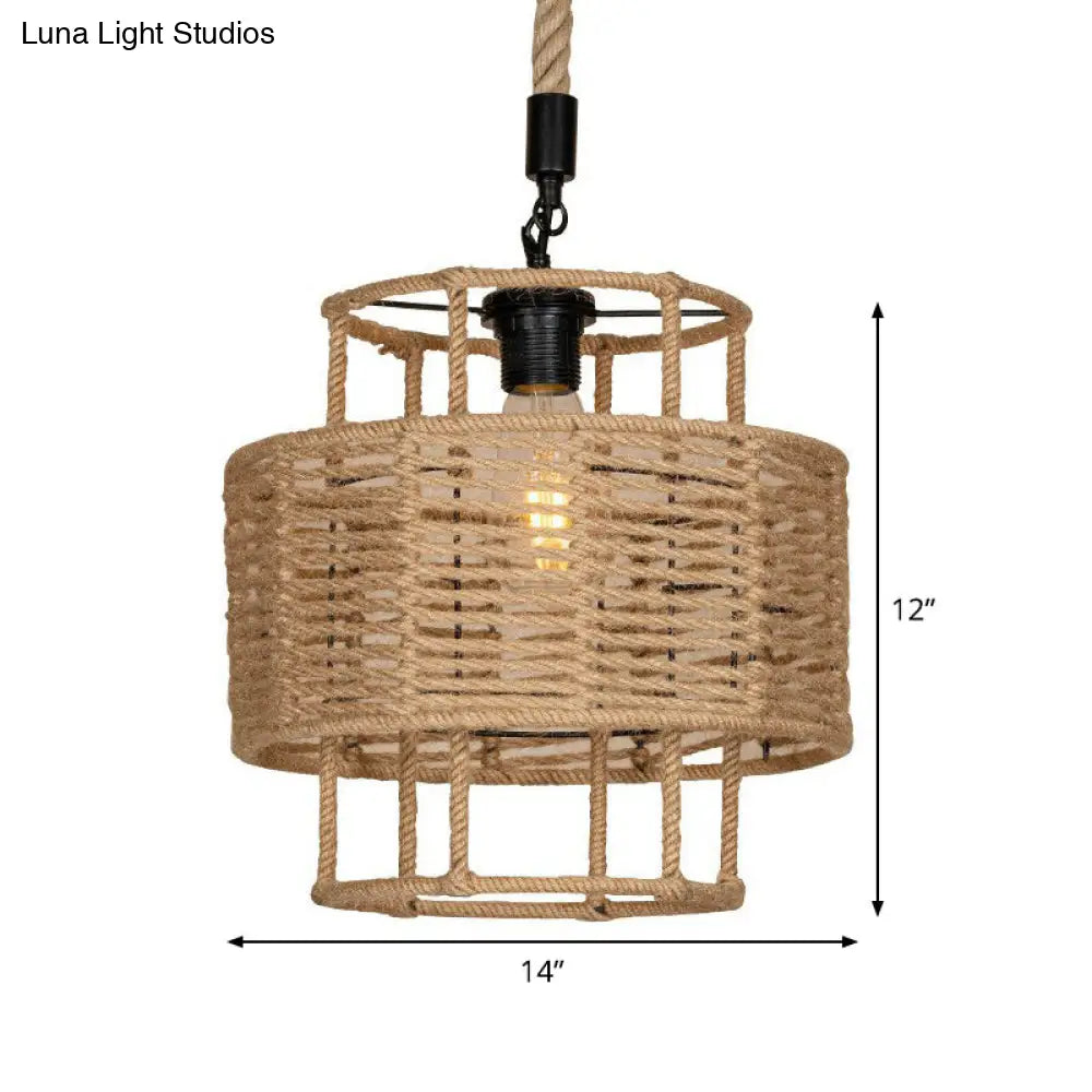 Farmhouse Brown Rope Pendant Lamp: 2-Layered Cylinder Design 1 Head Ideal For Living Room Ceiling