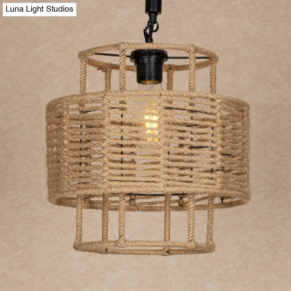 Farmhouse Brown Rope Pendant Lamp: 2-Layered Cylinder Design 1 Head Ideal For Living Room Ceiling