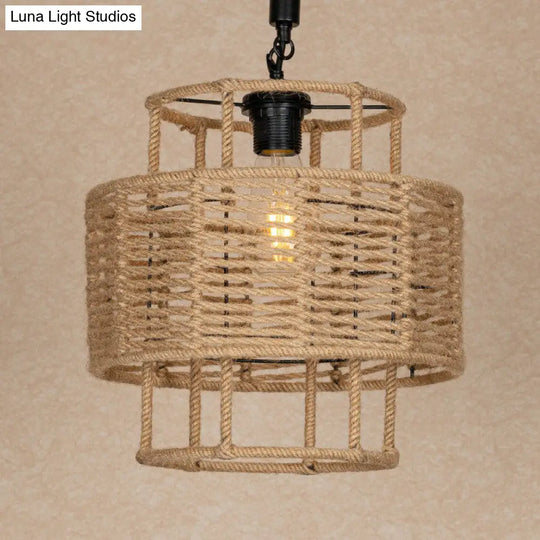 Rustic 2-Layered Cylinder Pendant Lamp With Rope And 1 Head For Living Room Ceiling In Brown