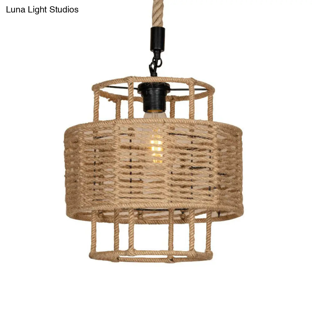 Rustic 2-Layered Cylinder Pendant Lamp With Rope And 1 Head For Living Room Ceiling In Brown