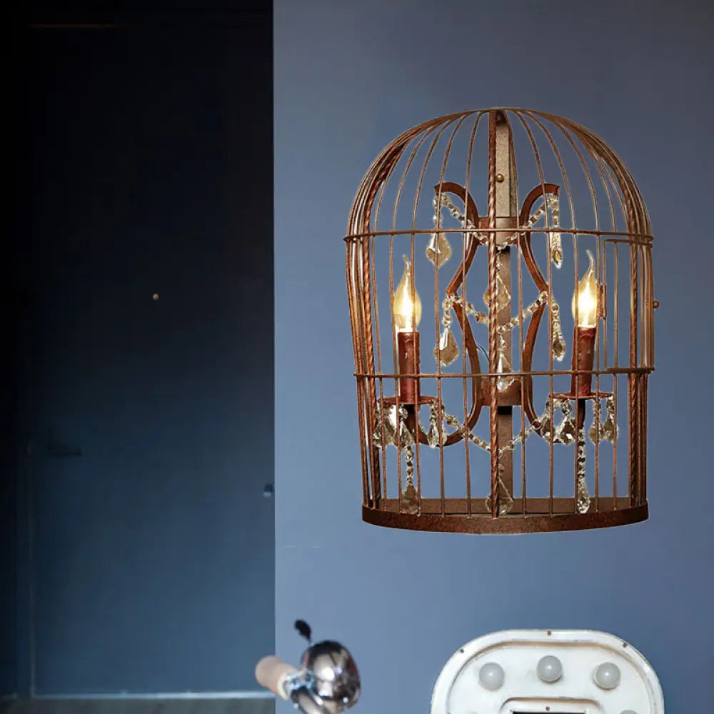 Rustic 2-Light Birdcage Wall Sconce With Crystal Drops For Living Room Rust