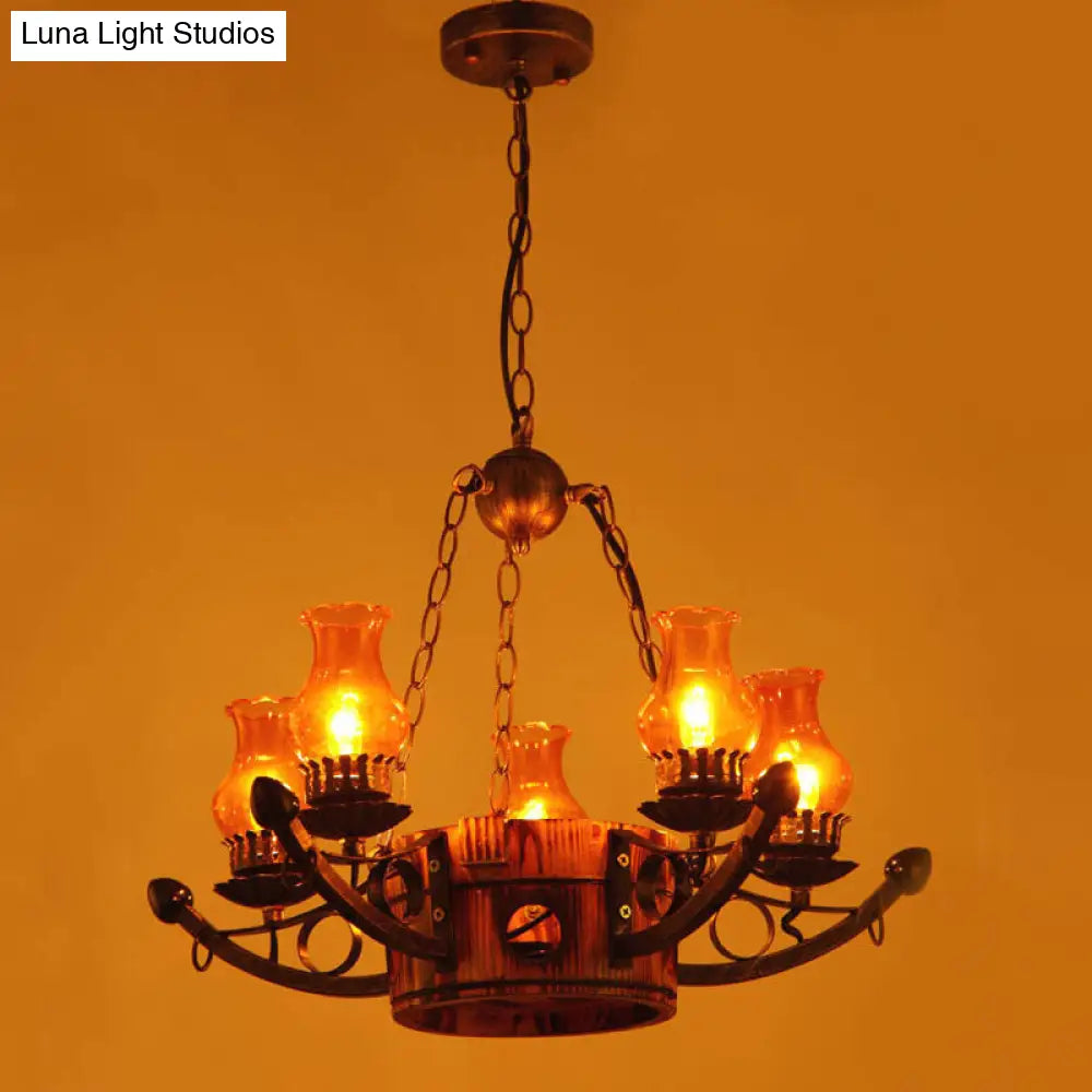 Rustic 3/5-Light Antique Hanging Chandelier With Adjustable Height Amber Glass Oil Lamp