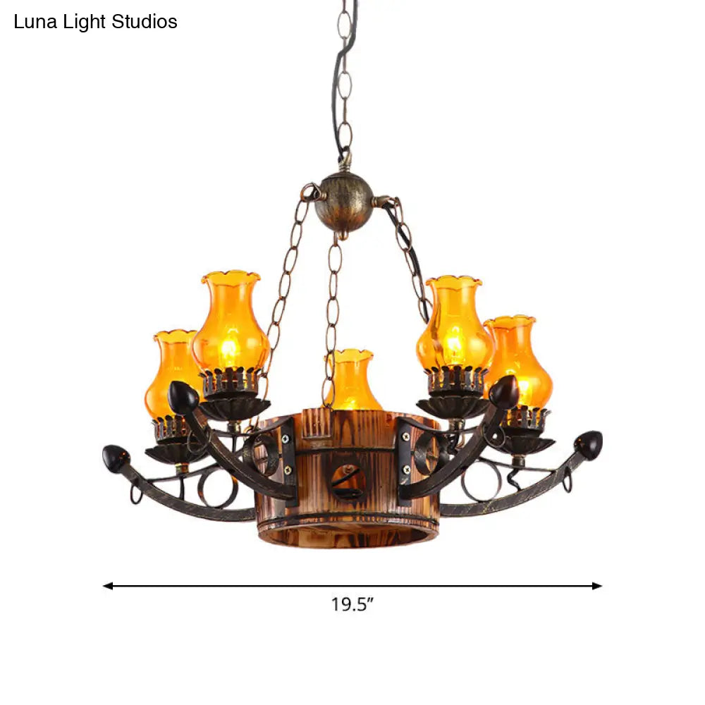 Rustic 3/5-Light Antique Hanging Chandelier With Adjustable Height Amber Glass Oil Lamp