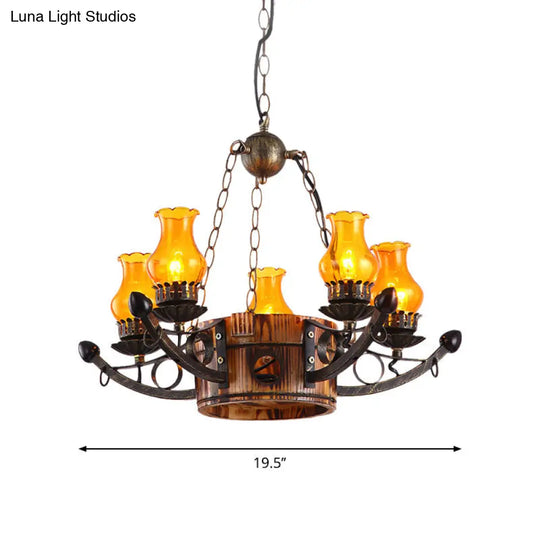 Rustic 3/5-Light Antique Hanging Chandelier With Adjustable Height Amber Glass Oil Lamp