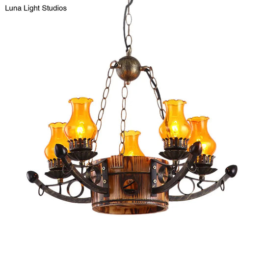 Rustic 3/5-Light Antique Chandelier With Adjustable Height And Amber Glass Oil Lamp