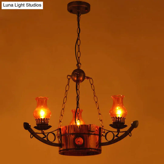 Rustic 3/5-Light Antique Hanging Chandelier With Adjustable Height Amber Glass Oil Lamp