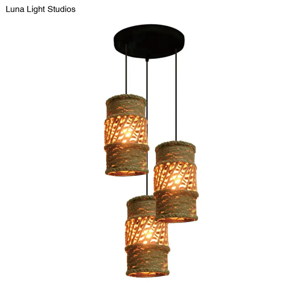 Farmhouse Restaurant Pendant Lamp With 3 Cylinder Rope Shades In Beige