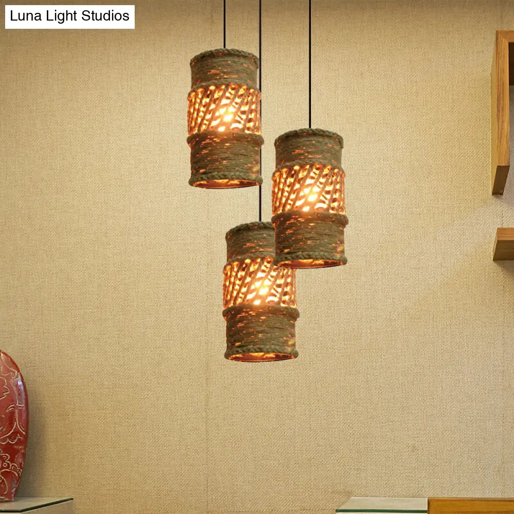 Farmhouse Restaurant Pendant Lamp With 3 Cylinder Rope Shades In Beige