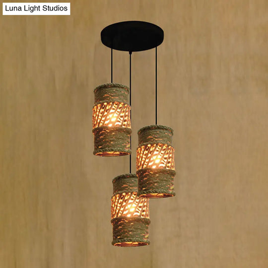 Farmhouse Restaurant Pendant Lamp With 3 Cylinder Rope Shades In Beige