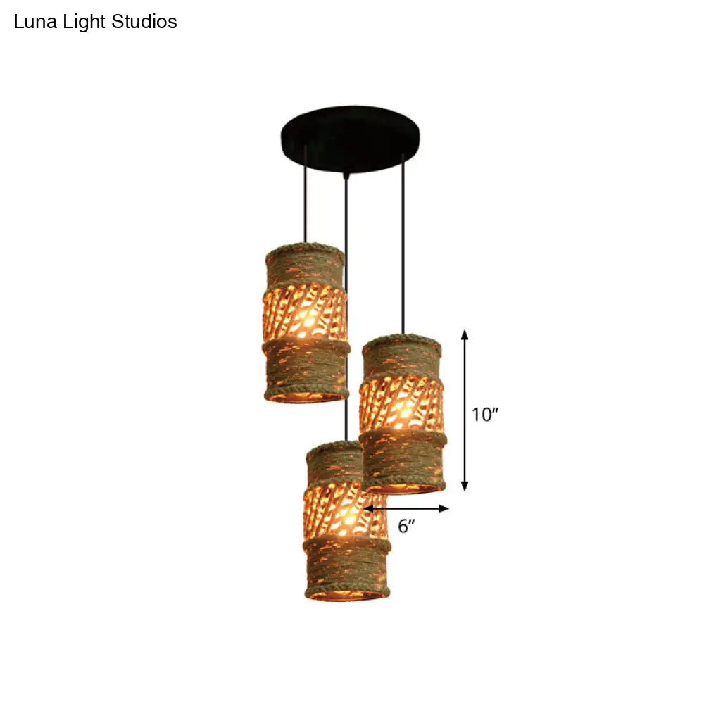 Farmhouse Restaurant Pendant Lamp With 3 Cylinder Rope Shades In Beige