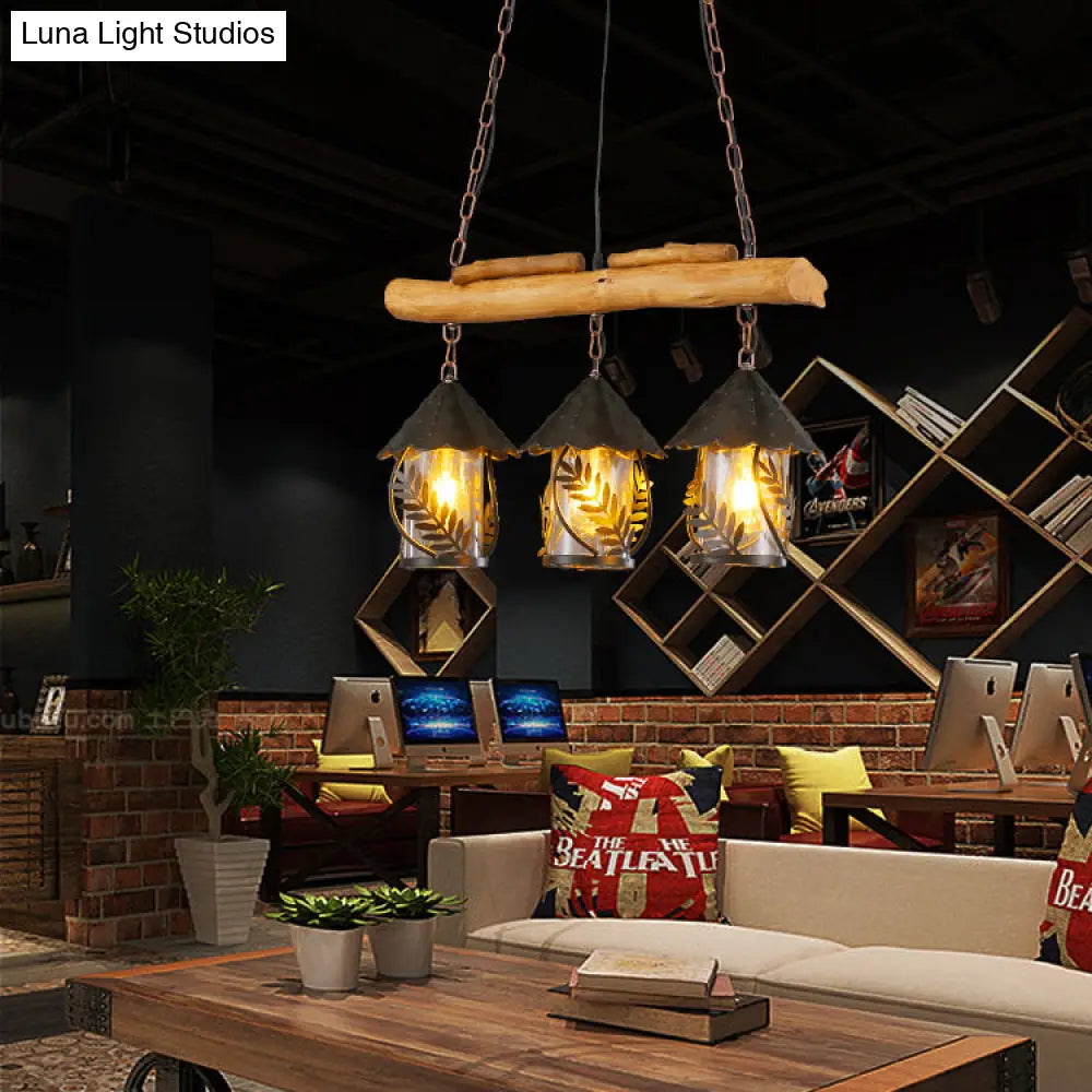 Rustic 3-Head Pendant Lamp With Leaf Design And Wooden Beam - Lantern Island Lighting