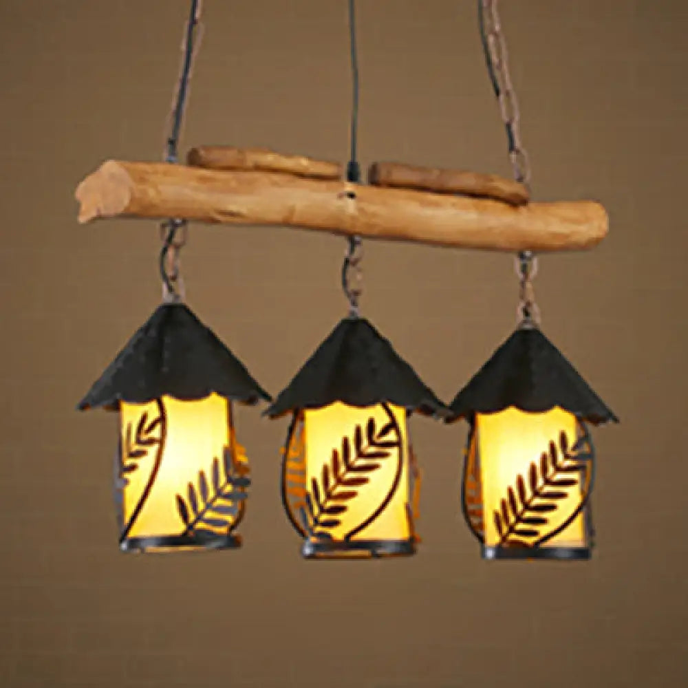 Rustic 3-Head Pendant Lamp With Leaf Design And Wooden Beam - Lantern Island Lighting Black / Fabric