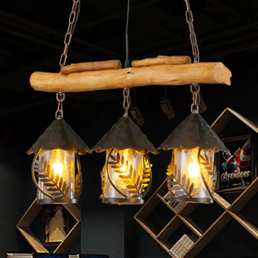 Rustic 3-Head Pendant Lamp With Leaf Design And Wooden Beam - Lantern Island Lighting Black / Glass