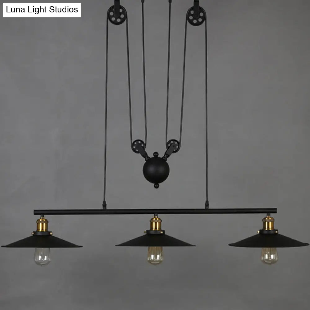 Rustic 3-Head Pendant Light With Black Flared Shade Pulley And Metallic Finish - Perfect For Your