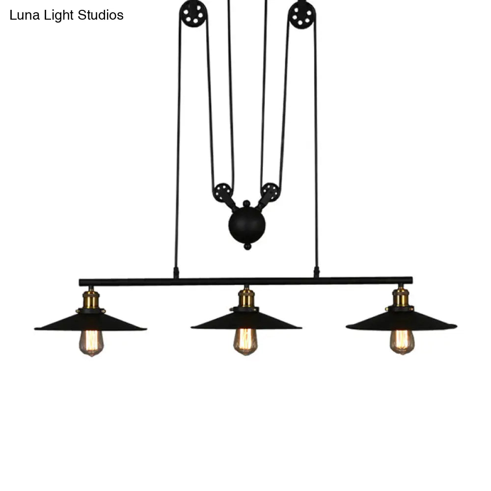 Rustic 3-Head Pendant Light With Black Flared Shade Pulley And Metallic Finish - Perfect For Your