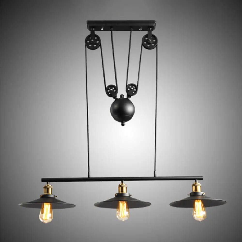 Rustic 3-Head Pendant Light With Black Flared Shade Pulley And Metallic Finish - Perfect For Your