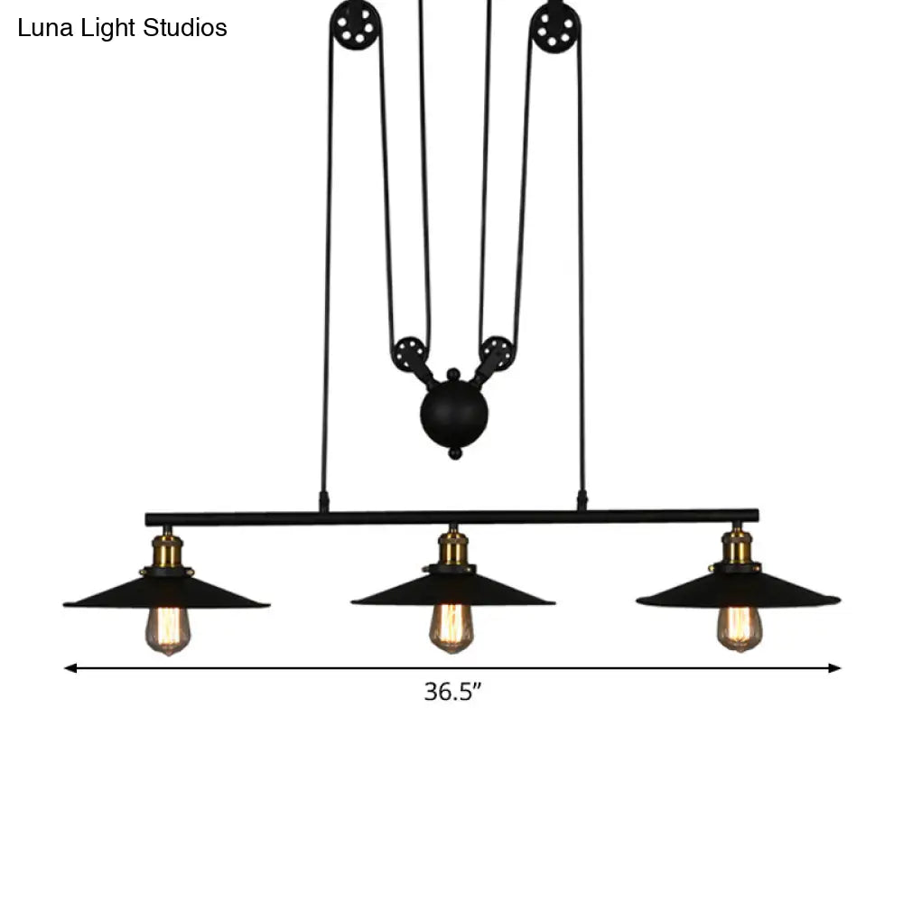 Rustic 3-Head Pendant Light With Black Flared Shade Pulley And Metallic Finish - Perfect For Your