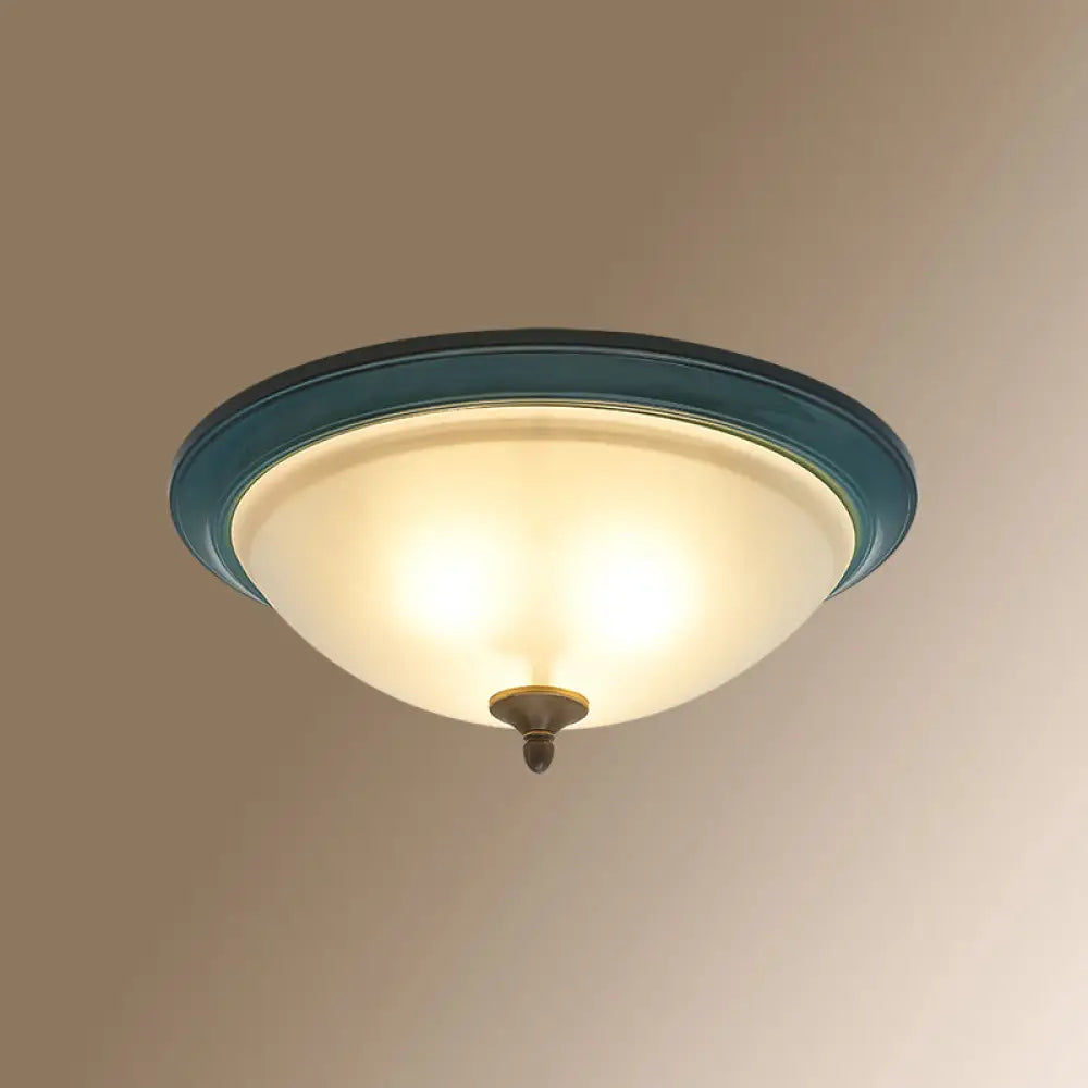 Rustic 3 - Light Bedroom Ceiling Lamp: Frosted White Glass Bowl Flush With Blue Accents / 14.5’