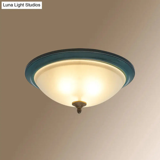 Rustic 3-Light Bedroom Ceiling Lamp: Frosted White Glass Bowl Flush With Blue Accents / 14.5