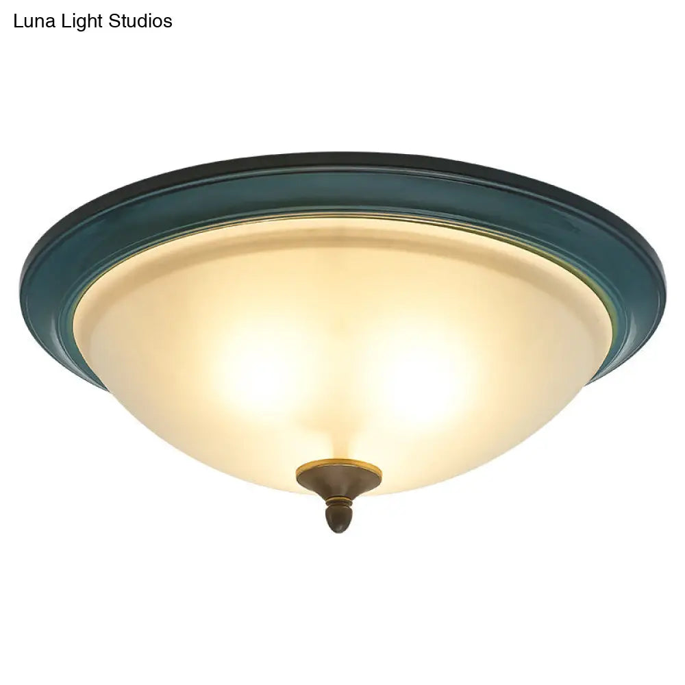 Rustic 3-Light Bedroom Ceiling Lamp: Frosted White Glass Bowl Flush With Blue Accents