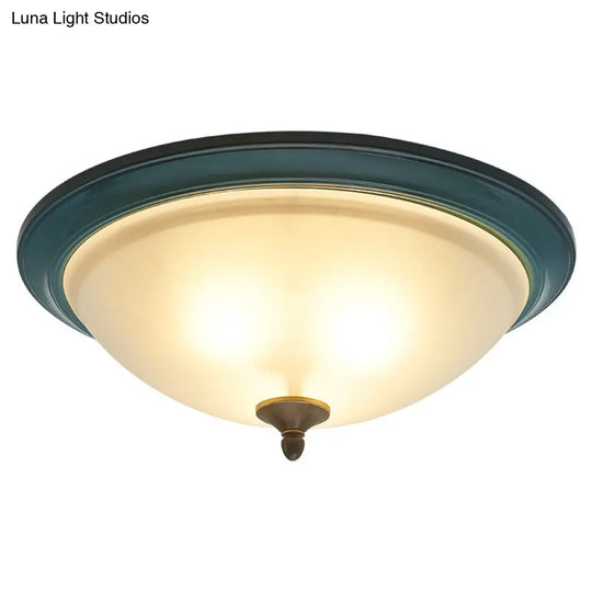 Rustic 3-Light Bedroom Ceiling Lamp: Frosted White Glass Bowl Flush With Blue Accents