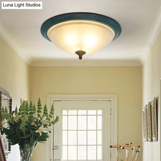 Rustic 3 - Light Bedroom Ceiling Lamp: Frosted White Glass Bowl Flush With Blue Accents