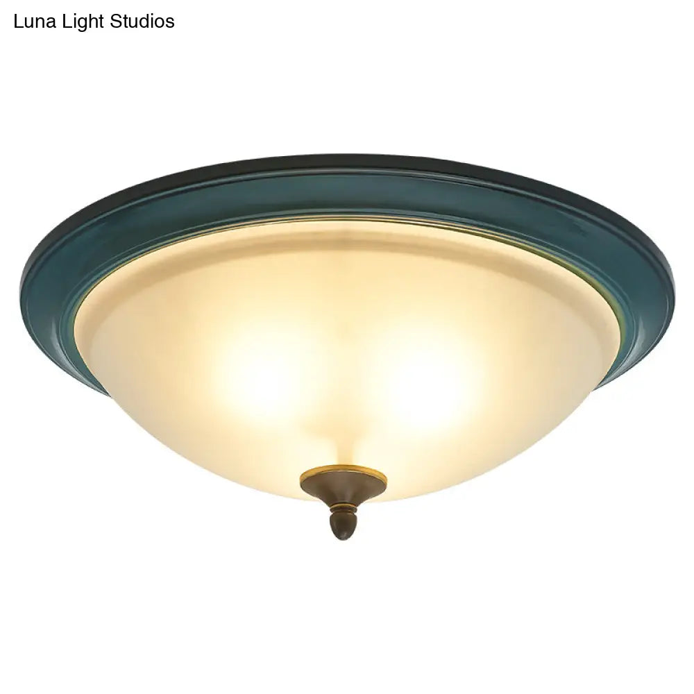 Rustic 3 - Light Bedroom Ceiling Lamp: Frosted White Glass Bowl Flush With Blue Accents