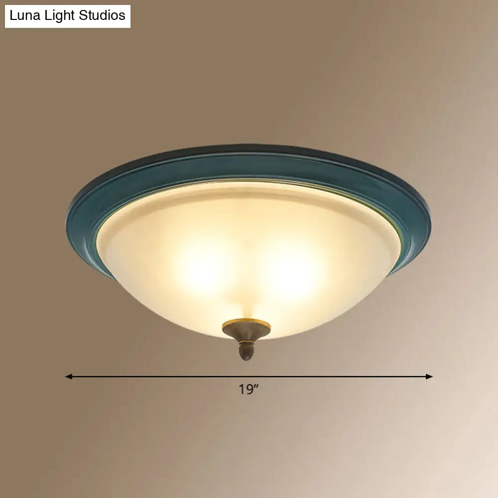 Rustic 3 - Light Bedroom Ceiling Lamp: Frosted White Glass Bowl Flush With Blue Accents