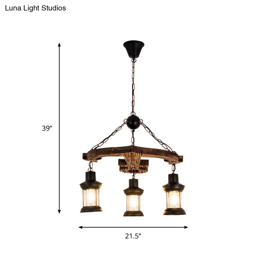 Rustic 3-Light Brown Anchor Chandelier Pendant With Wood And Metal Lantern Shade – Loft Style